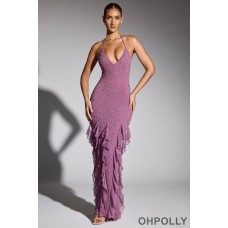 Oh Polly Embellished Halter Neck Ruffle Maxi Dress in Grape