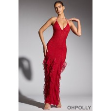 Oh Polly Embellished Halter Neck Ruffle Maxi Dress in Red