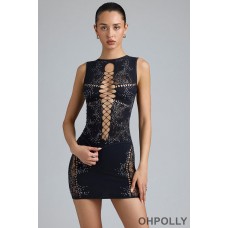 Oh Polly Embellished Lace-Up High-Neck Top in Black