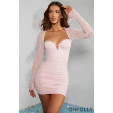 Oh Polly Embellished Long Sleeve Mini Dress in Blush