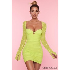 Oh Polly Embellished Long Sleeve Mini Dress in Lime