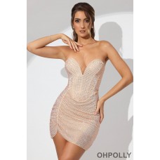 Oh Polly Embellished Low Plunge Strapless Mini Dress in Champagne