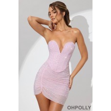 Oh Polly Embellished Low Plunge Strapless Mini Dress in Soft Pink