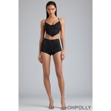 Oh Polly Embellished Mid-Rise Hot Pant Shorts in Black