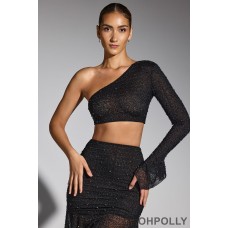 Oh Polly Embellished One Shoulder Top in Black