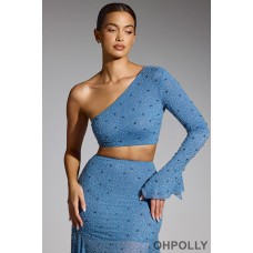 Oh Polly Embellished One Shoulder Top in Smokey Blue