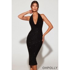 Oh Polly Embellished Plunge Halter Neck Midaxi Dress in Black