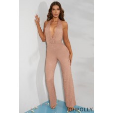 Oh Polly Embellished Plunge Neck Jumpsuit in Beige