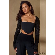 Oh Polly Embellished Sleeve Corset Crop Top in Black