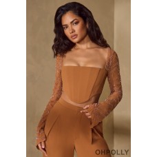 Oh Polly Embellished Sleeve Corset Crop Top in Caramel