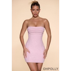 Oh Polly Embellished Strapless Cowl Neck Mini Dress in Blush