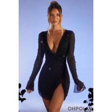 Oh Polly Embellished Wrap Over A-Line Mini Dress in Black