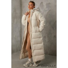 Oh Polly Full Length Hooded Puffer Coat in Sand