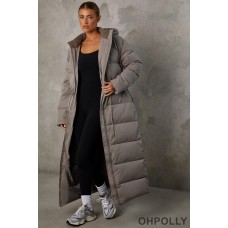 Oh Polly Full Length Hooded Puffer Coat in Warm Grey