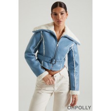 Oh Polly Jacket with Shearling Collar and Trim in Blue