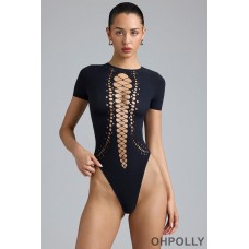 Oh Polly Lace-Up Bodysuit in Black