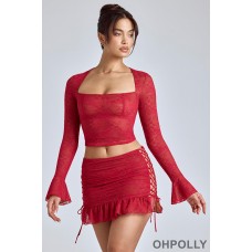 Oh Polly Lace Ruffle Mini Skirt in Cherry Red