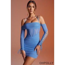 Oh Polly Lace Up Long Sleeve Corset Mini Dress in Blue