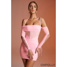 Oh Polly Lace Up Long Sleeve Corset Mini Dress in Pink