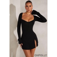 Oh Polly Long Sleeve A-Line Mini Dress in Black