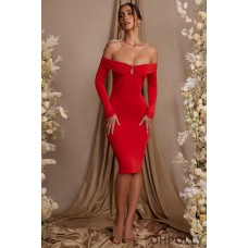 Oh Polly Long Sleeve Bardot Neckline Midi Dress in Red