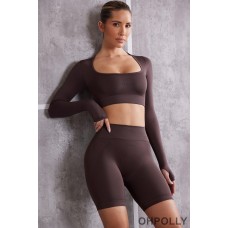 Oh Polly Long Sleeve Crop Top in Brown