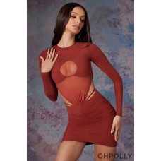 Oh Polly Long Sleeve Cut Out Mini Dress in Brick