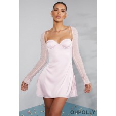 Oh Polly Long Sleeve Embellished A-line Mini Dress in Blush