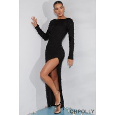 Oh Polly Long Sleeve Embellished Backless Maxi Dress in Black