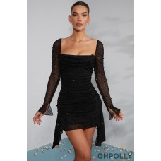 Oh Polly Long Sleeve Embellished Cowl Neck Mini Dress in Black