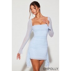 Oh Polly Long Sleeve Embellished Cowl Neck Mini Dress in Blue