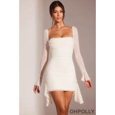 Oh Polly Long Sleeve Embellished Cowl Neck Mini Dress in White