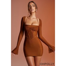 Oh Polly Long Sleeve Ruched Mini Dress in Brown