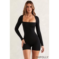 Oh Polly Long Sleeve Square Neck Unitard in Black