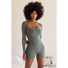 Oh Polly Long Sleeve Square Neck Unitard in Green