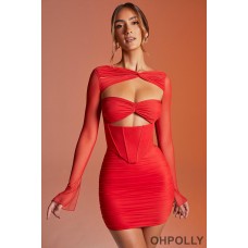 Oh Polly Long Sleeved Ruched Mini Dress in Red