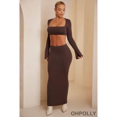 Oh Polly Low Rise Bodycon Maxi Skirt in Chocolate