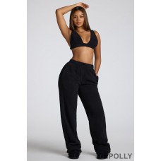 Oh Polly Low Rise Straight Leg Fleece Joggers in Black