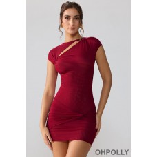 Oh Polly Mesh Cap Sleeve Cut Out Mini Dress in Ruby