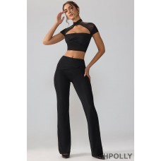 Oh Polly Mesh Mid Rise Twist Overlay Flare Trousers in Black