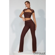 Oh Polly Mesh Mid Rise Twist Overlay Flare Trousers in Espresso