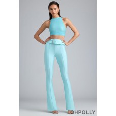 Oh Polly Metallic Belted Mid-Rise Flared Trousers in Ice Blue