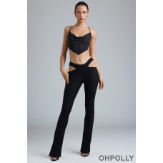 Oh Polly Metallic Cut-Out Low-Rise Flared Trousers in Black