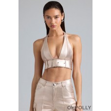 Oh Polly Metallic Denim Belted Crop Top in Champagne