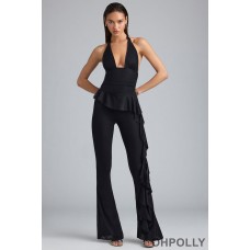 Oh Polly Metallic Halterneck Bodysuit in Black