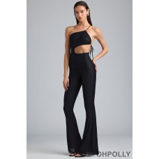 Oh Polly Metallic Ruched Cut-Out Flared Jumpsuit in Black