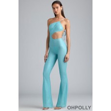 Oh Polly Metallic Ruched Cut-Out Flared Jumpsuit in Ice Blue