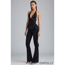 Oh Polly Metallic Ruffle Low-Rise Flared Trousers in Black