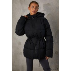 Oh Polly Mid Length Hooded Puffer Coat in Black