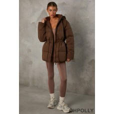 Oh Polly Mid Length Hooded Puffer Coat in Cocoa Brown